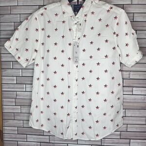 New‎ Denim & Flower Men's Large White Shirt Patriotic Star Short Sleeve Vacation